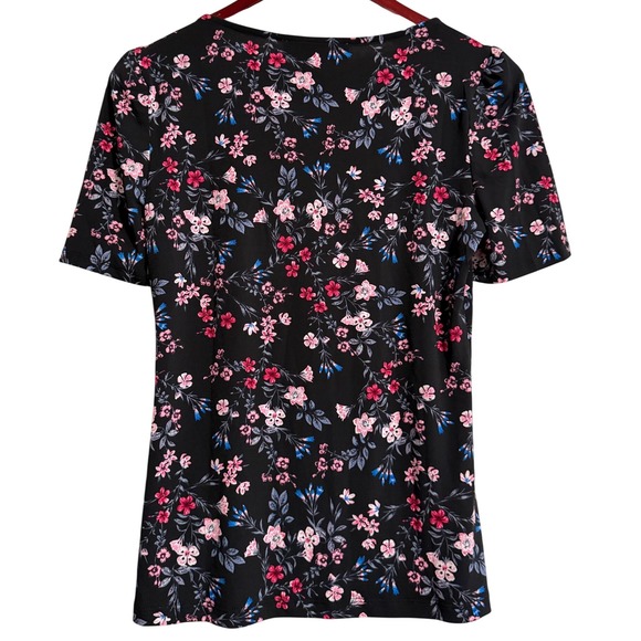 Catherine Malandrino Womens Floral Scoop Neck Short Sleeve Top Black Pink S NWT - Picture 6 of 6